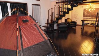 Hot blond and 2 boys camping