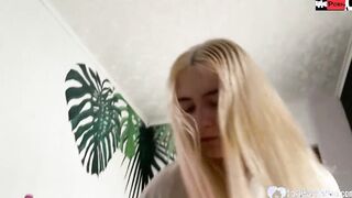 Blonde beauty is on her knees and giving a fellatio