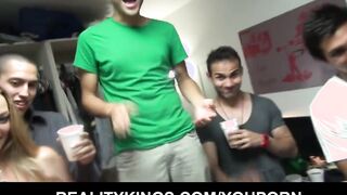 Slutty blonde college snatch with mouth starts dorm room sex party