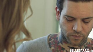 Young Kristen Scott is kissing her man as he impales her