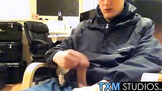 Tyler squirting a load in front of the camera in the office