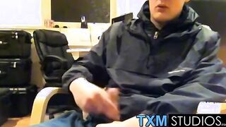 Tyler squirting a load in front of the camera in the office