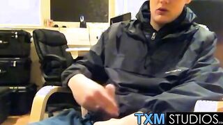 Tyler squirting a load in front of the camera in the office