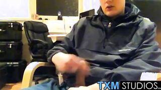Tyler squirting a load in front of the camera in the office