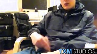 Tyler squirting a load in front of the camera in the office