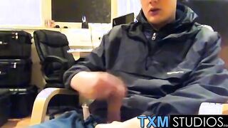 Tyler squirting a load in front of the camera in the office