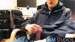 Tyler squirting a load in front of the camera in the office