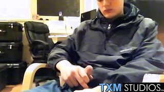 Tyler squirting a load in front of the camera in the office
