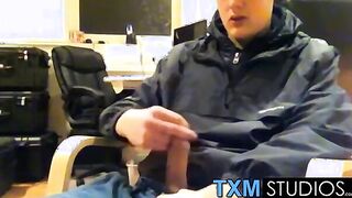 Tyler squirting a load in front of the camera in the office