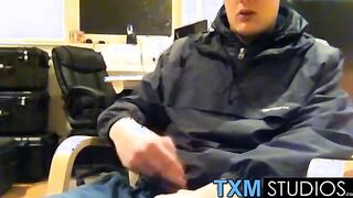 Tyler squirting a load in front of the camera in the office