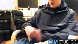 Tyler squirting a load in front of the camera in the office