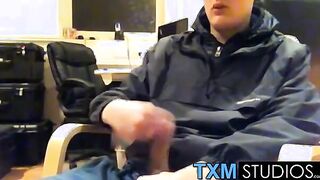 Tyler squirting a load in front of the camera in the office