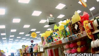 Stunning blonde pornstars pick up random guys in the store