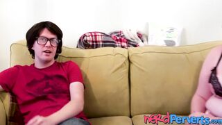 Slutty English amateur sucking on producers long cock