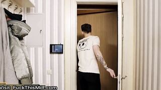 Hot cougar visits pervy neighbor before getting off