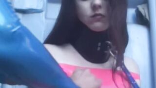 Latex Mistress Aradia restrains young dykes before toying