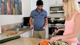 Kenzie Kai has plenty of attitude as she's chopping vegetables, and her stepbrother Logan Huge retaliates by gets food scraps