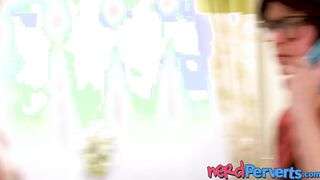 English cutie pie with big natural tits sucks off a nerd