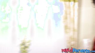 English cutie pie with big natural tits sucks off a nerd