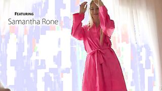 American Cutie Samantha Rone sneaks inside through her European GF Max Dior's patio doors. Wearing just a robe and sheer