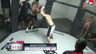 Slim tattooed blonde with small titted fucks in a boxingring