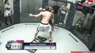 Slim tattooed blonde with small titted fucks in a boxingring
