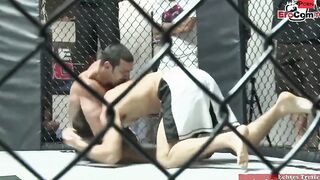 Slim tattooed blonde with small titted fucks in a boxingring