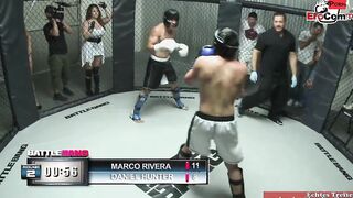 Slim tattooed blonde with small titted fucks in a boxingring