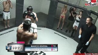 Slim tattooed blonde with small titted fucks in a boxingring