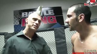 Slim tattooed blonde with small titted fucks in a boxingring