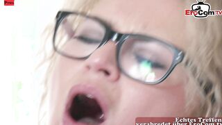 Blonde Mom with curly Hair boned inside her ebony tights and clothes