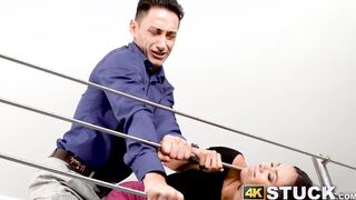 Hot babe got stuck on the stairs so her kinky hunk fucks her
