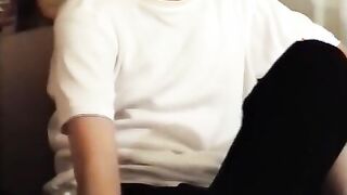 Dominic showing his full erection while sitting in the chair