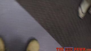 Blonde amateur sucks cock at pawnshop while voyeur watches