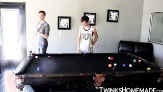 Hot twinks threesome fuck each other bareback on the table