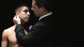 Dillon hot load spread all over Milo's chest and cock