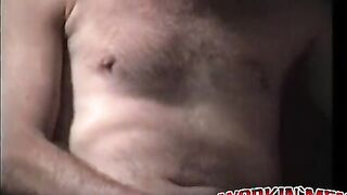 Hairy mature guy Henry working his cock and cooking a load