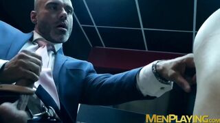 Elegant hunk wears slick blue suit while ramming hot stud