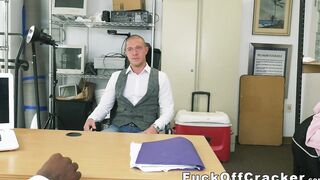 Handsome dude interracially fucked for cash in the office