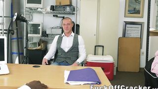 Handsome dude interracially fucked for cash in the office