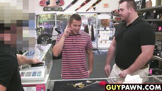 Handsome guy given money to fuck two homo pawn shop workers