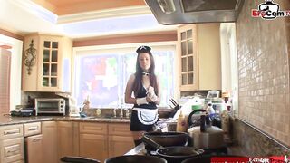 Young dark hair cleaning lady into fishnet stockings seduced