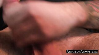 Hairy cock sucker loves sniffing his hairy armpits solo