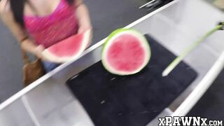Good looking babe blows pawnbroker and receives dicking