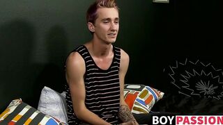 Hung skinny Jayboy twink tugging on his dick on the couch