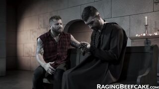 Tattooed mechanic gets robbed and ass fucked by two thieves