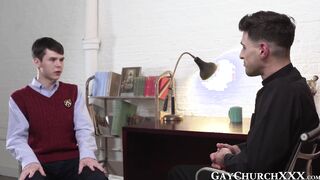 Young catholic jerks off while daddy drills him with toys