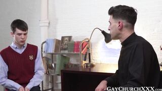 Young catholic jerks off while daddy drills him with toys