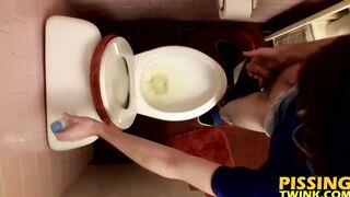 Devin Reynolds grabs his cock and unloads in the toilet|