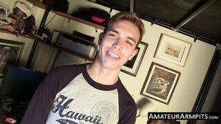 Skinny bum driller jacks off his hairy rod and cums solo